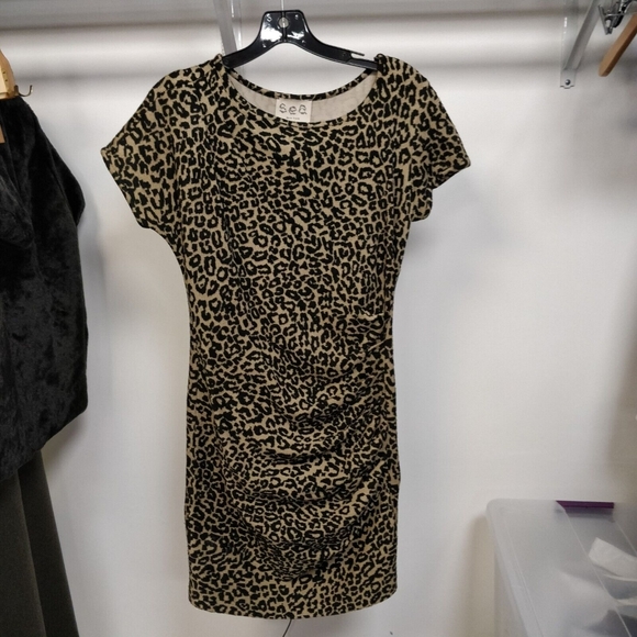 Sea New York Mini Dress Ruched Leopard Animal Print Short Sleeve Black Tan 2 - Picture 9 of 12